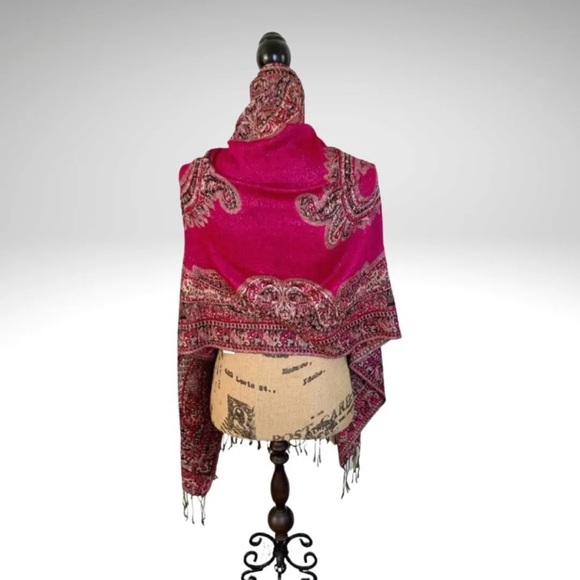 Paisley Pashmina Scarf Shawl Wrap Magenta Pink Double Layer Fringed Large 75” - Picture 6 of 10